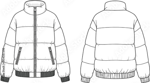 White puffer jacket front and back fashion technical illustration with zipper pockets winter outerwear vector clothing design template