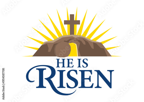 He Is Risen typography with empty tomb and cross, Easter Resurrection Christian symbol.