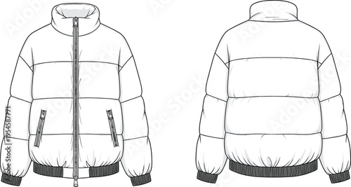 White puffer jacket front and back technical fashion illustration with zipper pockets winter outerwear vector clothing mockup template