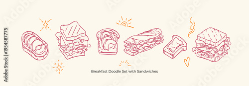 Hand Drawn Sandwich Doodle Set with Avocado Toast, Bread, Breakfast Snacks and Lunch Food, Modern Minimal Line Art Collection
