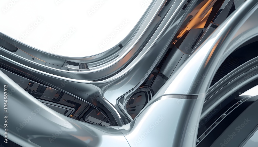 Fototapeta premium Elegant futuristic design featuring smooth waves of liquid metal in abstract background, a collision of metallic forms, soft gradients illustrating the contrast between rigidity and fluidity.