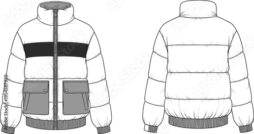 White puffer jacket with chest stripe and cargo pockets front and back technical fashion illustration winter outerwear vector template