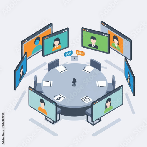 Isometric illustration of a virtual meeting with participants on screens around a table.