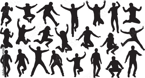 Collection of black silhouettes of people jumping and celebrating