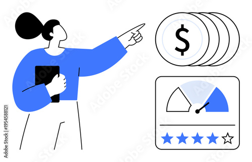 Financial performance concept. Financial growth illustrated through dollar icons, customer rating scale, and credit score gauge. Financial data integrity for reports, fintech, analysis. fintech