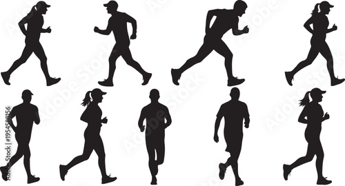 Silhouettes of people running in various dynamic poses together