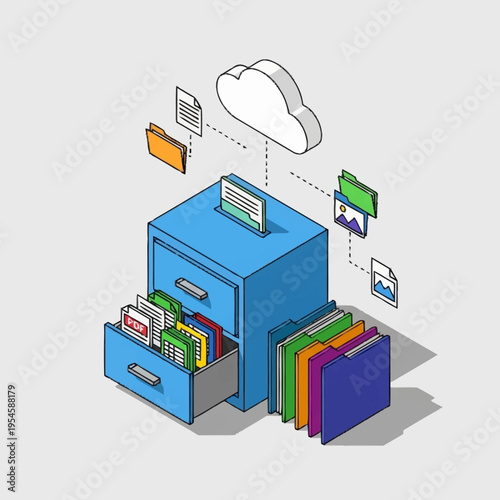 Isometric illustration of a blue filing cabinet with documents and cloud storage integration.