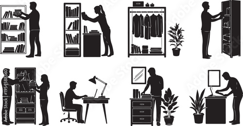 Silhouette of a man in various office settings daily