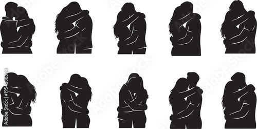 Silhouettes of couples embracing and showing affection together