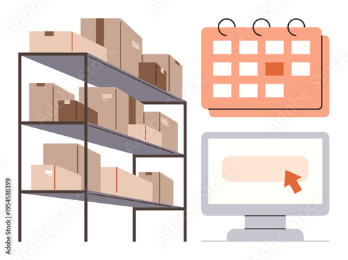 Supply chain, logistics, e-commerce, inventory tracking, productivity tools, organization systems. Storage shelves with boxes, calendar and computer screen. Supply chain and inventory tracking