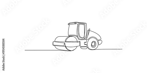 Continuous line drawing of a road roller on a white background construction