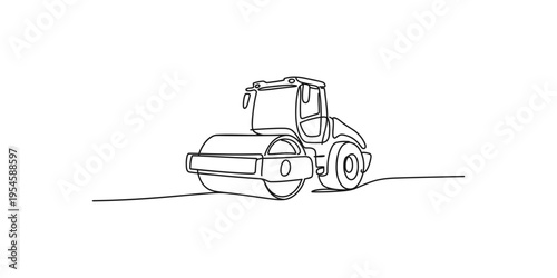 Continuous line drawing of a road roller on a white background construction