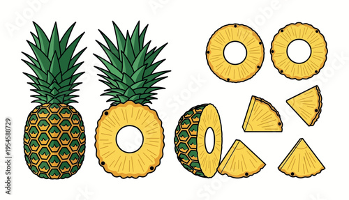 Pineapple Fruit Vector Illustration Set - Fresh Tropical Ananas Collection with Whole, Sliced Rings, and Wedges - Flat Organic Food Icons Isolated on White Background