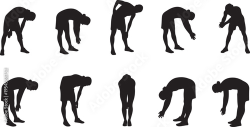 Silhouettes of people stretching and bending in various poses