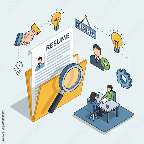 Isometric illustration depicting the job search process, including resume review and interviews.