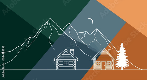 Minimalist Mountain Landscape with Log Cabins - Geometric Alpine Scenery - Modern Line Art Illustration for Travel, Adventure, and Real Estate - Isolated Vector on Earth Tones