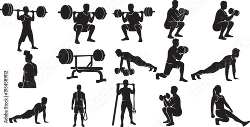 Silhouettes of people exercising with weights and equipment