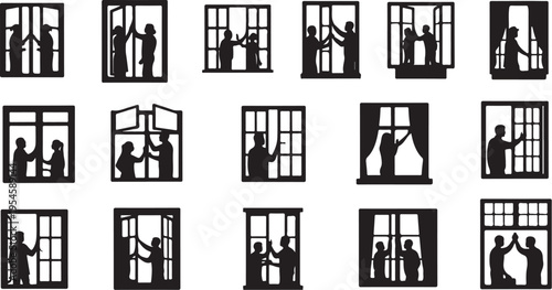 Silhouettes of people in various window poses and settings