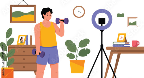 Fitness Influencer Recording Workout Video at Home with Camera and Ring Light for Social Media Blog Concept Flat Vector Illustration
