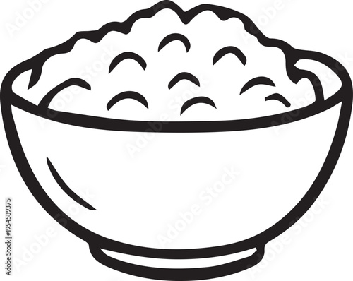 Black-and-white hand-drawn line doodle of cottage cheese in a bowl. Minimal dairy food illustration for nutrition, breakfast, grocery, farm products, packaging and education designs. Clean outline, tr