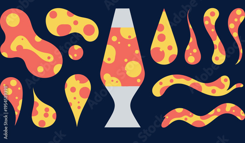 Retro Lava Lamp and Groovy Blob Collection - 1970s Psychedelic Aesthetic - Abstract Liquid Shapes and Fluid Volcanic Elements Vector Isolated on Dark Background