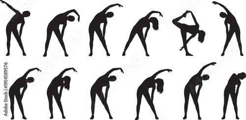 Silhouette of a woman doing various yoga poses sequence