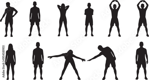 Silhouettes of people in various poses and movements together