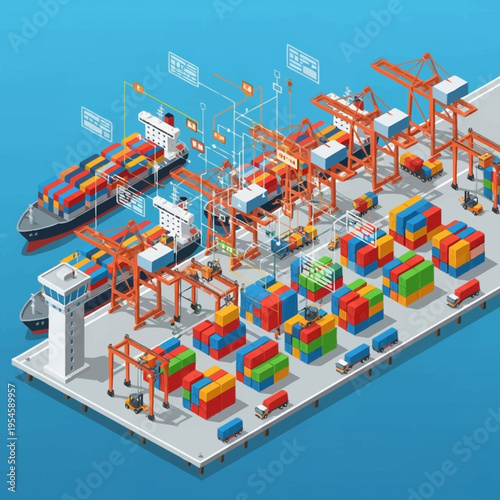 Isometric illustration of a busy port with cargo ships, cranes, containers, and trucks.