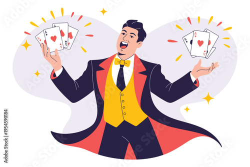 Magician in tuxedo performing card trick with aces, expressing surprise and excitement with glittering lights
