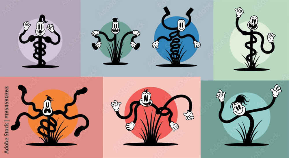 Fototapeta premium Vintage Rubber Hose Character Set - Retro 1930s Cartoon Style Illustrations - Surreal Rubber Hose Monsters with Wavy Limbs and Classic Gloved Hands - 7 Unique Vector Mascot Designs 