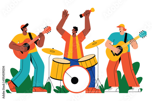 Music band group performing with acoustic guitars and drums against simple background for live concert entertainment and hobby concept