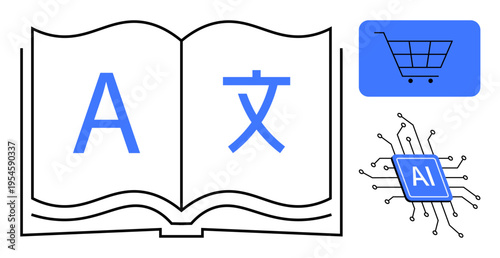 Language learning, artificial intelligence, e-commerce, digital tools, education, technology. Open book with multilingual letters, AI chip and shopping cart. Language learning and artificial