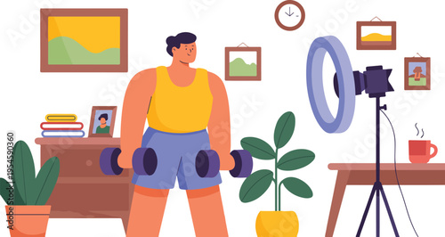 Fitness Influencer Recording Workout Video at Home with Camera and Ring Light for Social Media Blog Concept Flat Vector Illustration