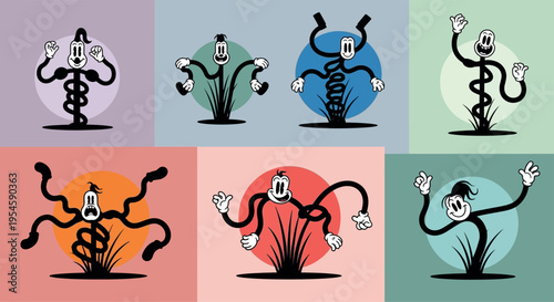 Vintage Rubber Hose Character Set - Retro 1930s Cartoon Style Illustrations - Surreal Rubber Hose Monsters with Wavy Limbs and Classic Gloved Hands - 7 Unique Vector Mascot Designs
