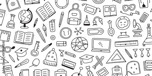 Science lab equipment pattern with microscopes and flasks