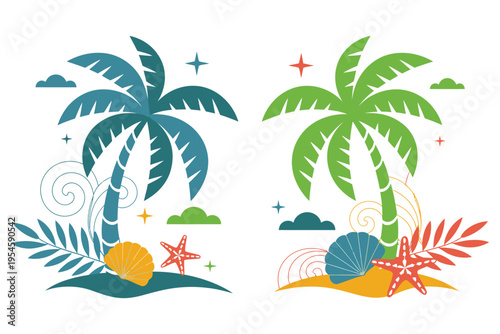 Summer vacation tropical palm tree beach landscape set with starfish and seashells on sand island isolated on transparent background vector
