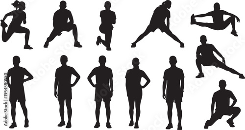 Silhouettes of people in various poses and exercises together