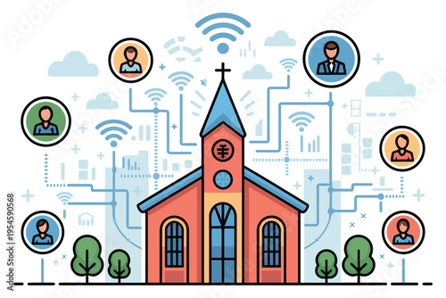Smart church building connected with community via digital wireless network and internet communication icons on transparent background vector