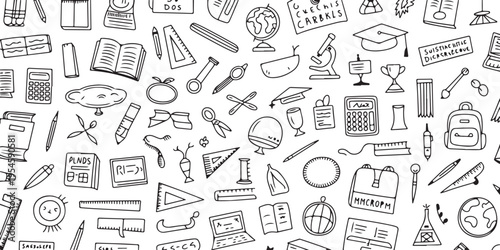 School supplies pattern featuring books pencils and globes