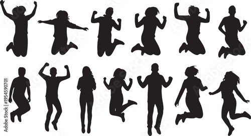 Silhouettes of people jumping and celebrating with joy and freedom