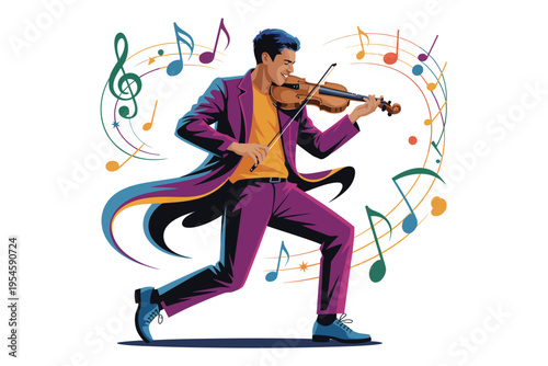 Violinist performing energetic classical music with colorful musical notes and symbols in vibrant artistic style for entertainment concept