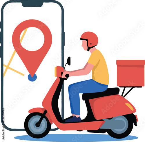 Online food and parcel delivery service concept with courier man riding red motor scooter and smartphone app map location tracking flat vector illustration.