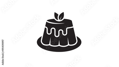 Jelly dessert with dripping glaze and mint leaves on a plate, simple silhouette icon. featuring food, sweet, treat with confection and gelatin