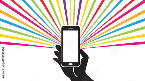 Hand holding smartphone with colorful rays emanating, modern technology and communication concept, social media