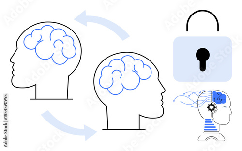 Neuroscience, data protection, mental health, cognitive science, information security, brain technology. Brain diagrams, lock icon gears. Neuroscience and data protection concept