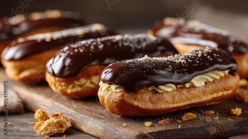 Artisan eclairs with creamy filling captured in warm natural light