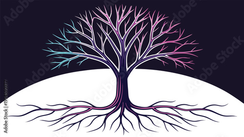 Stylized tree with roots and gradient branches, symbol of growth and nature, tree of life