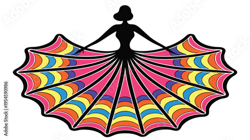 Abstract woman silhouette with colorful fan skirt, artistic graphic design, pop art