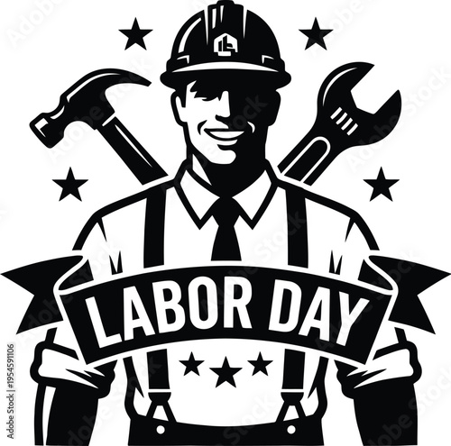 A bold monochrome emblem celebrating workers and skilled trades. The central figure—a strong, smiling worker wearing a hard hat—stands in front of crossed tools (hammer and wrench) with a ribbon readi