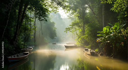 Hidden Boats Along a Misty Jungle River